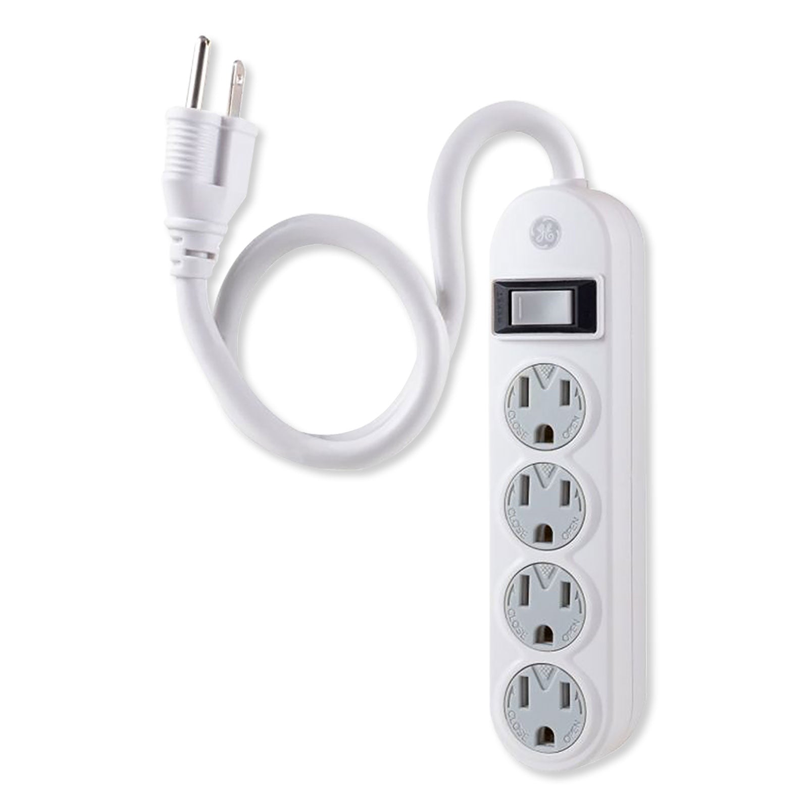 GE 4-Outlet Power Strip, Safety Covers, 1.5ft Cord, White