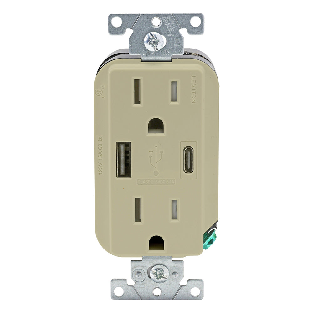 Leviton Decora® 15A Tamper-Resistant Duplex Outlet with 27W USB-A & USB-C Ports