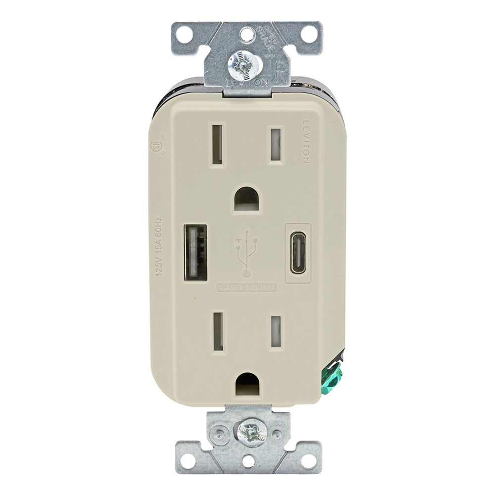 Leviton Decora® 15A Tamper-Resistant Duplex Outlet with 27W USB-A & USB-C Ports
