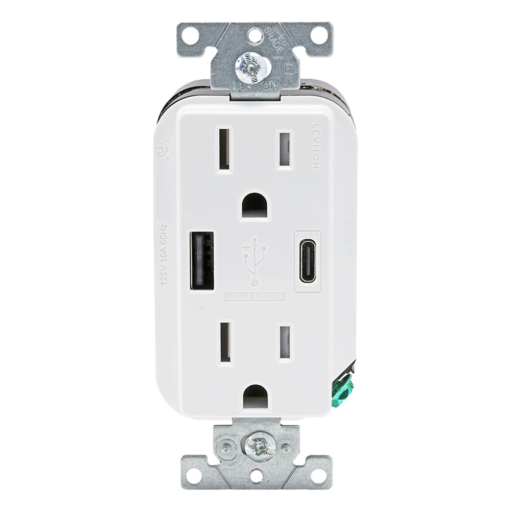 Leviton Decora® 15A Tamper-Resistant Duplex Outlet with 27W USB-A & USB-C Ports