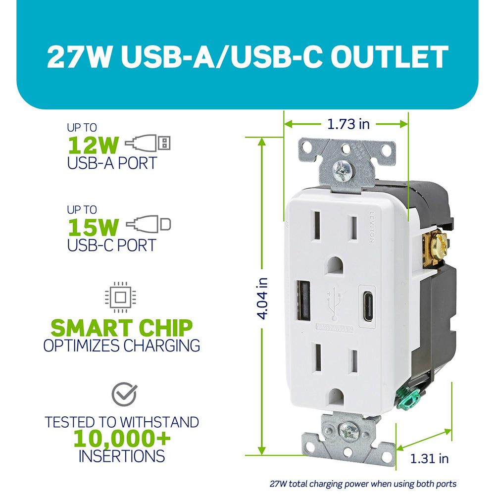 Leviton Decora® 15A Tamper-Resistant Duplex Outlet with 27W USB-A & USB-C Ports