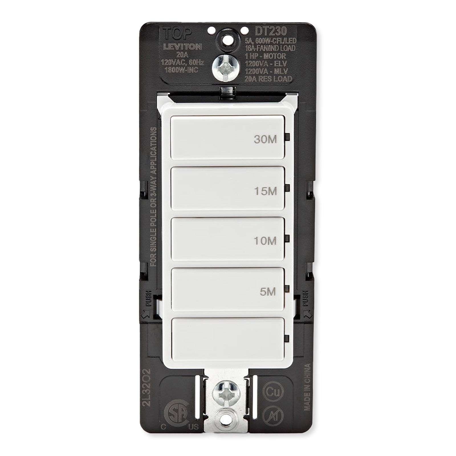 Leviton Decora In-Wall 30-Minute Countdown Timer Switch, 20A, 1 HP/16A Fan/Motor, Single Pole/Multi-Way/Multi-Timer