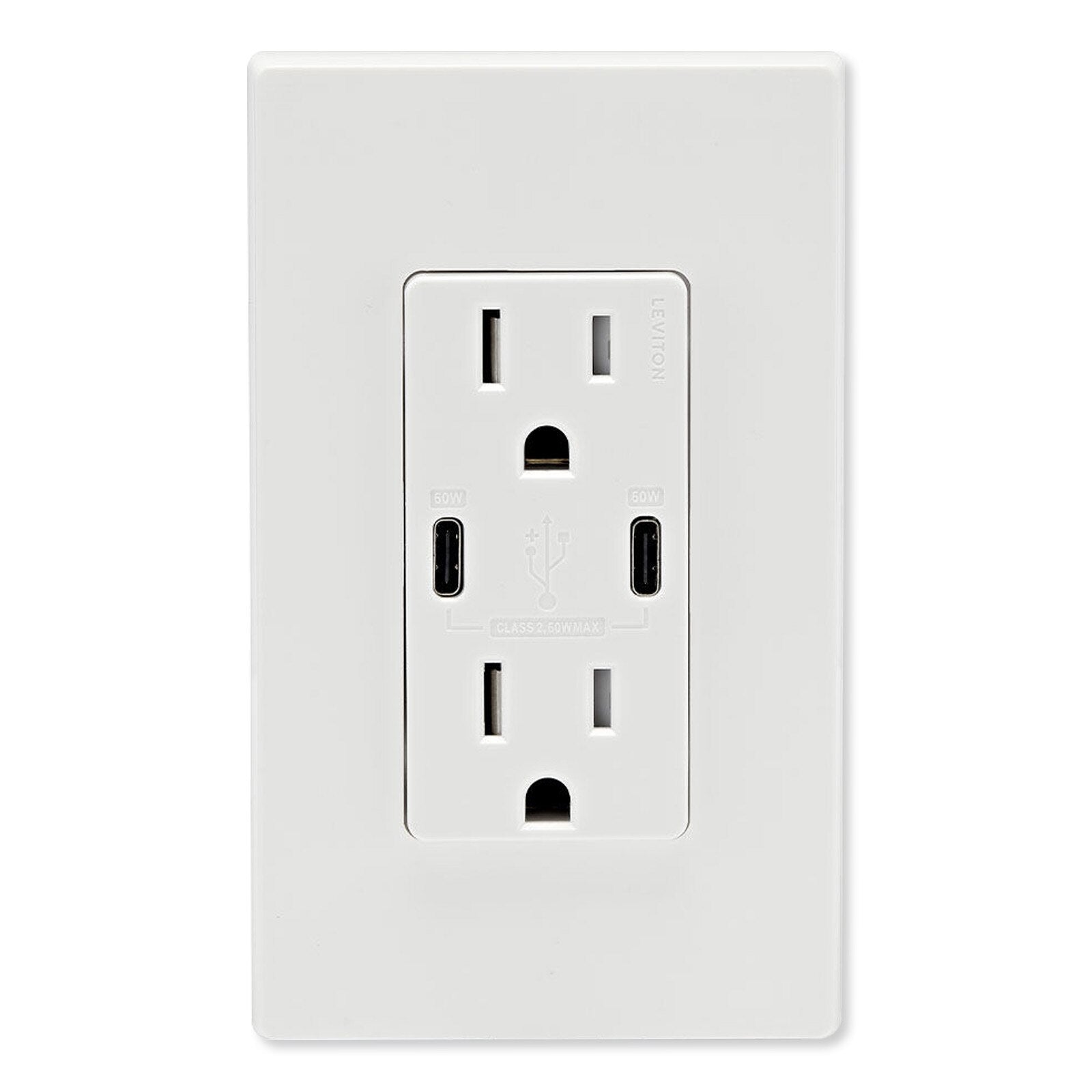 Leviton 60W USB Dual Type C/C Power Delivery Wall Charger with 15A Tamper Resistant Outlet