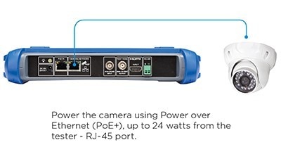 SimplyTest SecuriTEST Tester | Power the camera using Power over Ethernet (PoE+), up to 24 watts from the tester - RJ-45 port.