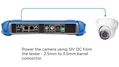 SimplyTest SecuriTEST Tester | Power the camera using 12V DC from the tester - 2.5mm to 3.5mm barrel connector.