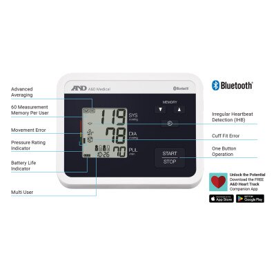 A&D Multi-user Bluetooth Upper Arm Blood Pressure Monitor with Wide Range Cuff, 8.6" to 16.5"