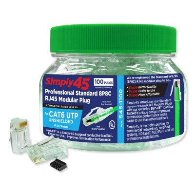 Simply45 Professional Standard 8P8C RJ45 Modular Plug for Cat6/6a UTP Unshielded (100 Pack)
