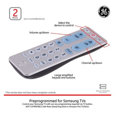 GE 2-Device Universal Remote Control, Brushed Silver