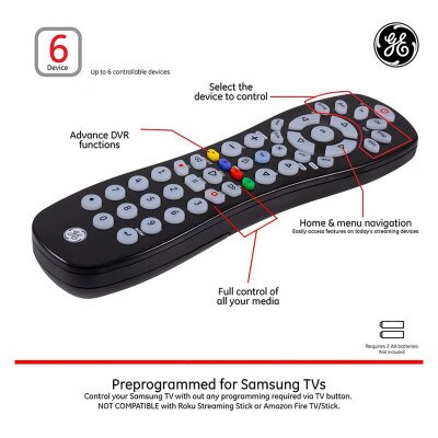 GE 6-Device Universal Remote Control, Black