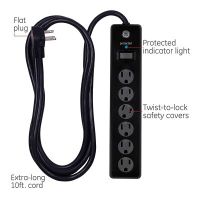 GE 6-Outlet 10 Ft. Surge Protector With Twist-To-Close Safety Covers, Black