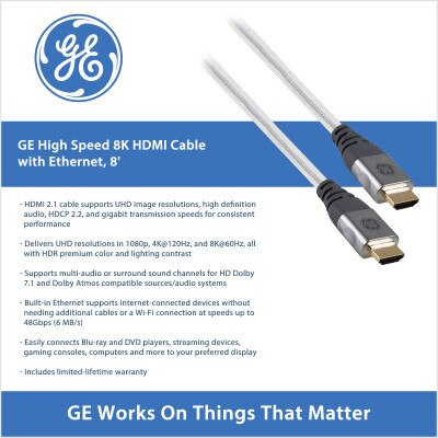 GE High Speed 8K HDMI Cable with Ethernet, 8 Ft.