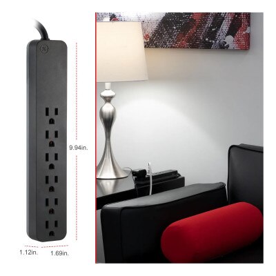 GE 6-Outlet Surge Protector, 20 Ft, Black
