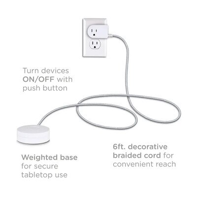 Jasco Cordinate 1-Outlet Tabletop Switch With 6 Ft. Braided Extension Cord, White/Gray