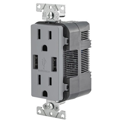 Leviton 2-Port USB Charger & Tamper-Resistant Duplex Receptacle, 15A, Gray