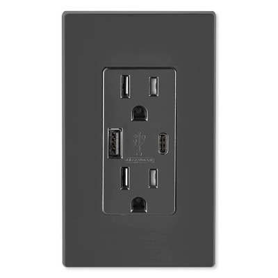 Leviton Decora USB Type-A/Type-C Wall Outlet Charger, 15A, Black
