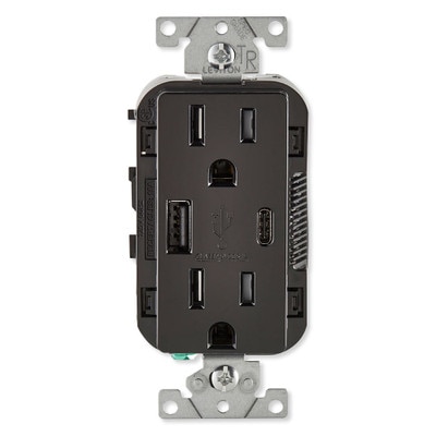Leviton Decora USB Type-A/Type-C Wall Outlet Charger, 15A, Black