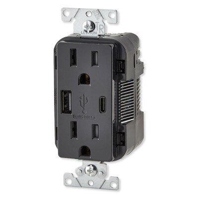 Leviton Decora USB Type-A/Type-C Wall Outlet Charger, 15A, Black