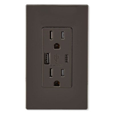 Leviton Decora USB Type-A/Type-C Wall Outlet Charger, 15A, Brown