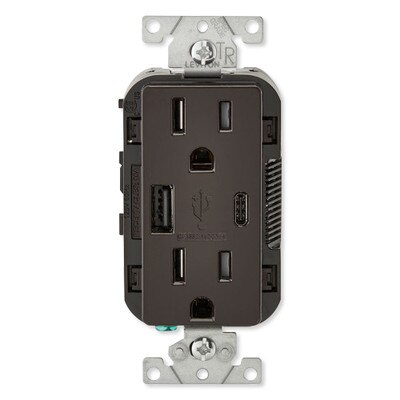 Leviton Decora USB Type-A/Type-C Wall Outlet Charger, 15A, Brown