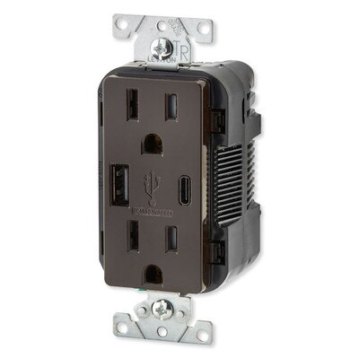 Leviton Decora USB Type-A/Type-C Wall Outlet Charger, 15A, Brown