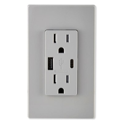 Leviton Decora USB Type-A/Type-C Wall Outlet Charger, 15A, Gray