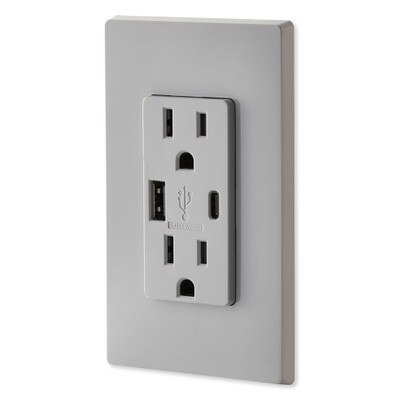Leviton Decora USB Type-A/Type-C Wall Outlet Charger, 15A, Gray
