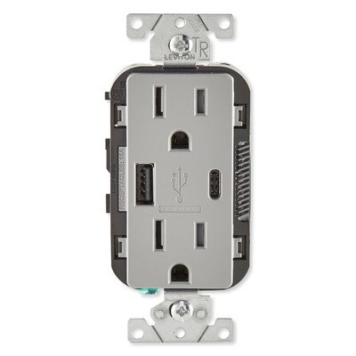 Leviton Decora USB Type-A/Type-C Wall Outlet Charger, 15A, Gray