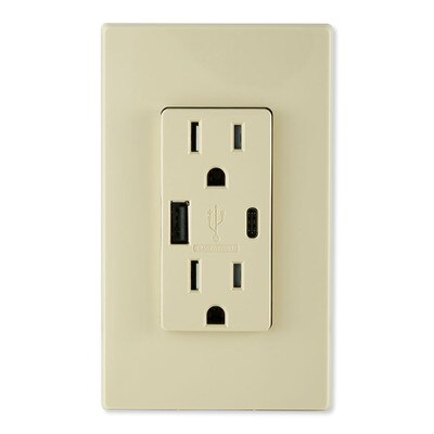 Leviton Decora USB Type-A/Type-C Wall Outlet Charger, 15A, Ivory