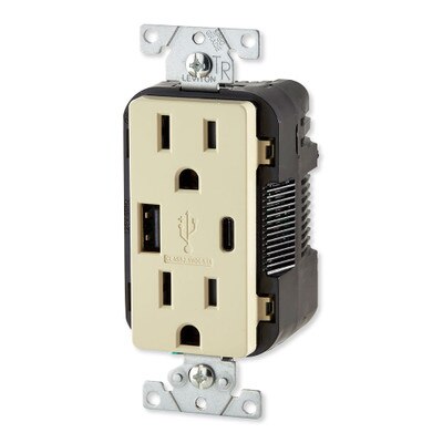 Leviton Decora USB Type-A/Type-C Wall Outlet Charger, 15A, Ivory
