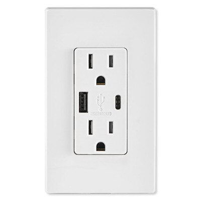 Leviton Decora USB Type-A/Type-C Wall Outlet Charger, 15A, White