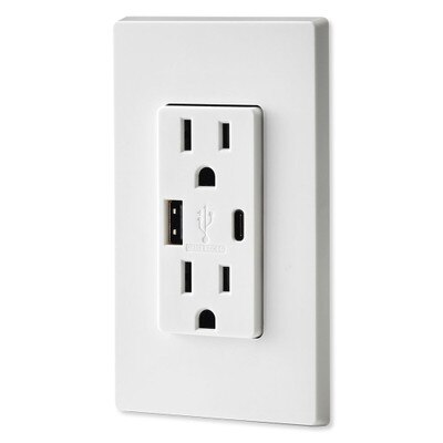 Leviton Decora USB Type-A/Type-C Wall Outlet Charger, 15A, White