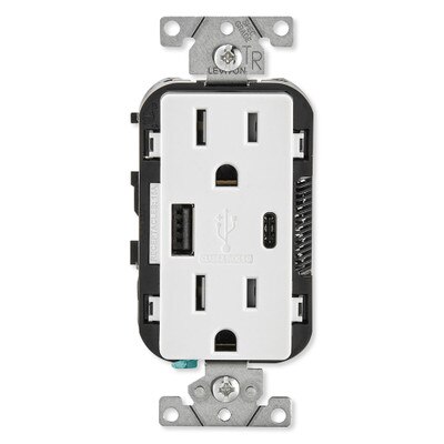 Leviton Decora USB Type-A/Type-C Wall Outlet Charger, 15A, White