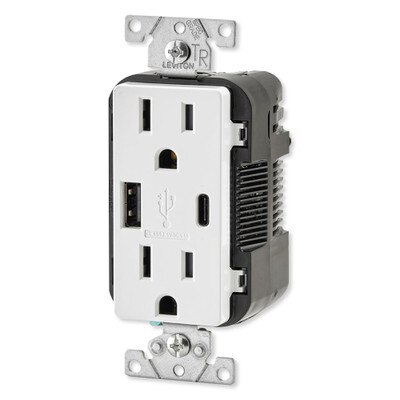 Leviton Decora USB Type-A/Type-C Wall Outlet Charger, 15A, White