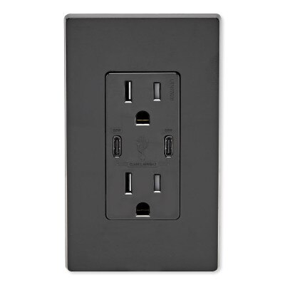 Leviton 60W USB Dual Type C/C Power Delivery Wall Charger with 15A Tamper Resistant Outlet, Black