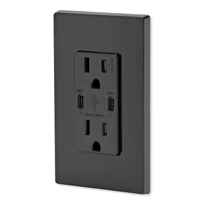 Leviton 60W USB Dual Type C/C Power Delivery Wall Charger with 15A Tamper Resistant Outlet, Black