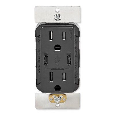 Leviton 60W USB Dual Type C/C Power Delivery Wall Charger with 15A Tamper Resistant Outlet, Black