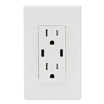 Leviton 60W USB Dual Type C/C Power Delivery Wall Charger with 15A Tamper Resistant Outlet, White