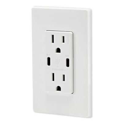 Leviton 60W USB Dual Type C/C Power Delivery Wall Charger with 15A Tamper Resistant Outlet, White