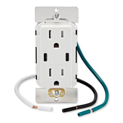 Leviton 60W USB Dual Type C/C Power Delivery Wall Charger with 15A Tamper Resistant Outlet, White