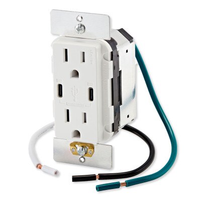 Leviton 60W USB Dual Type C/C Power Delivery Wall Charger with 15A Tamper Resistant Outlet, White