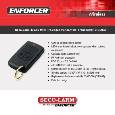 Seco-Larm ENFORCER 433.92 MHz Pre-coded Pendant RF Transmitter, 3-Buttons, 7-Channels