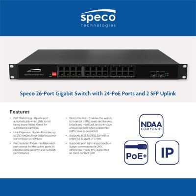 Speco 26-Port Gigabit Switch with 24-PoE Ports and 2 SFP Uplink