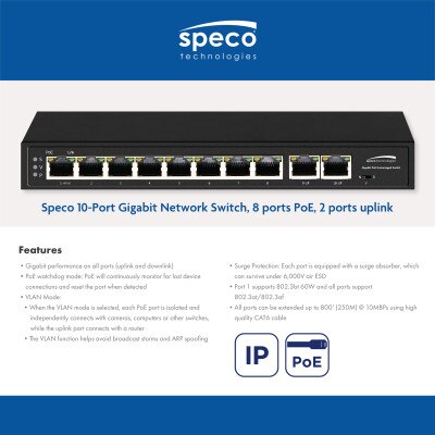 Speco 10-Port Gigabit Network Switch, 8 ports PoE, 2 ports uplink