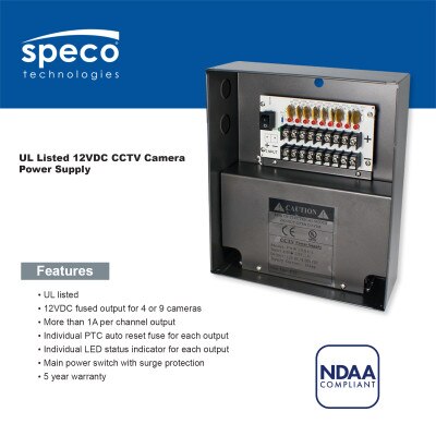 Speco CCTV Camera Power Supply, UL Certified, 9-Channel 12VDC 10A