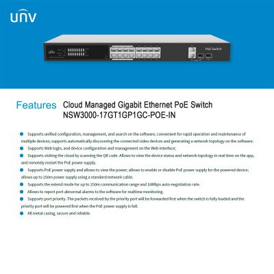 Uniview NSW3000 Series Cloud Managed Ethernet PoE Switch, 16 Port, 250W