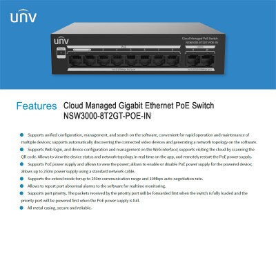 Uniview NSW3000 Series Cloud Managed Ethernet PoE Switch, 8 Port, 120W