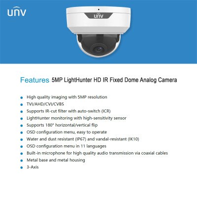 Uniview 5MP HD IR Dome Analog Camera, 2.8mm Fixed Lens