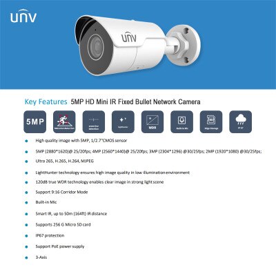 Uniview 5MP HD Mini IR Bullet Network Camera, 2.8mm Fixed Lens
