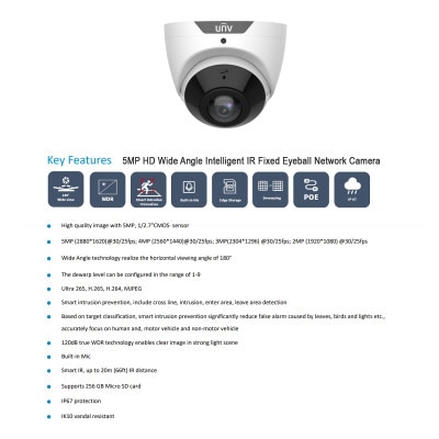 Uniview 5MP HD Wide Angle Intelligent IR Fixed Eyeball Network Camera
