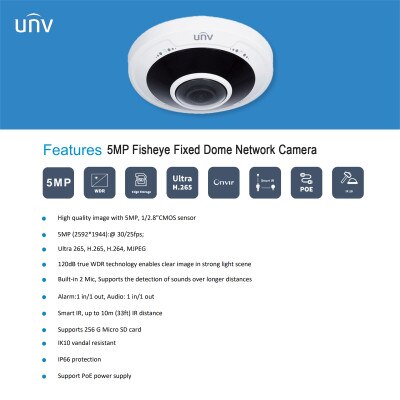 Uniview 5MP Fisheye Fixed Dome Network Camera, 1.4mm Lens